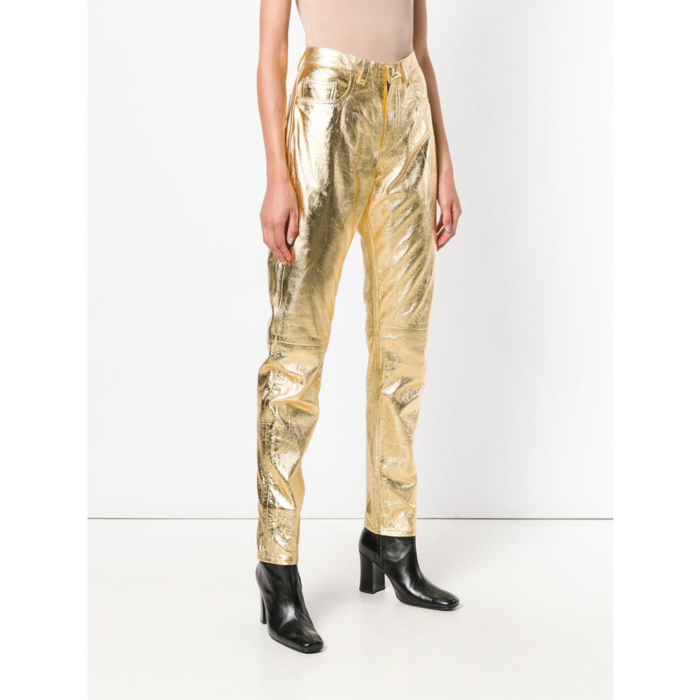 Womens Metallic Gold-Leather Pants - Zairouje Leather
